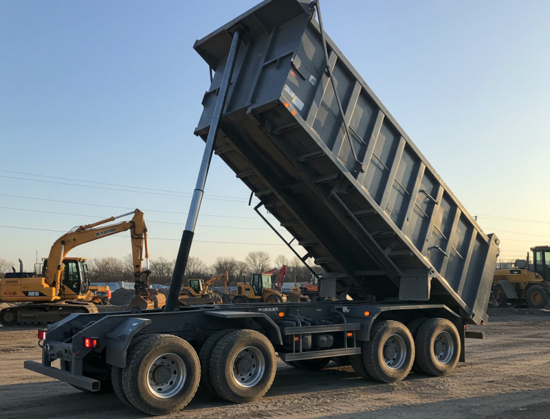 Batea de volteo trasero descargando arena en obra vial