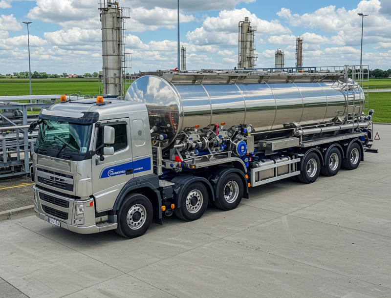 Cisterna de líquidos a punto de salir a la ruta, diseñada para transporte eficiente de químicos industriales
