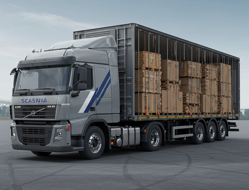 Semirremolque en proceso de transporte de mercadería palletizada con montacargas