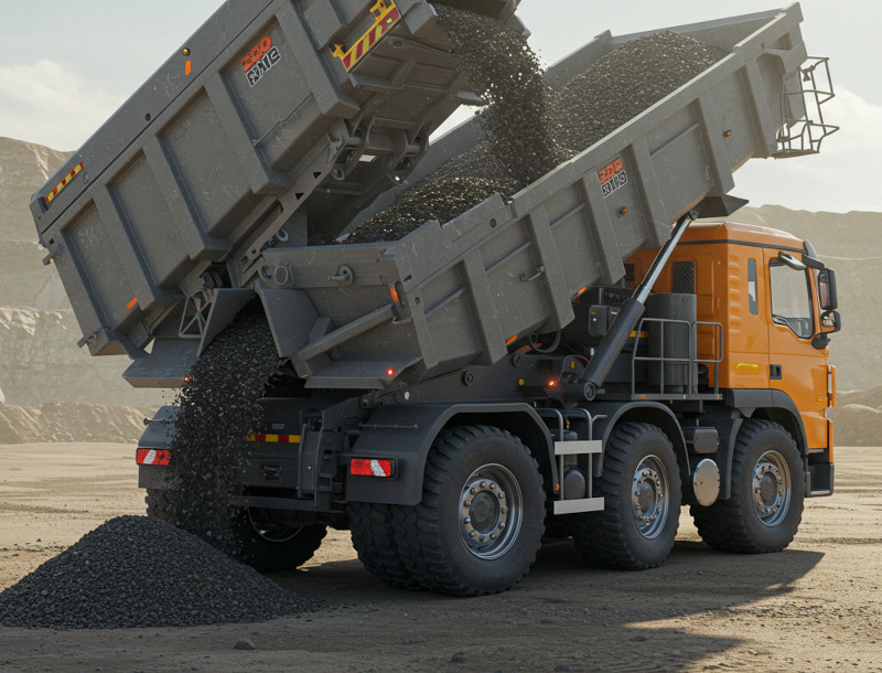 Vista 3/4 de tolva con capacidad de 52 toneladas, preparada para carga